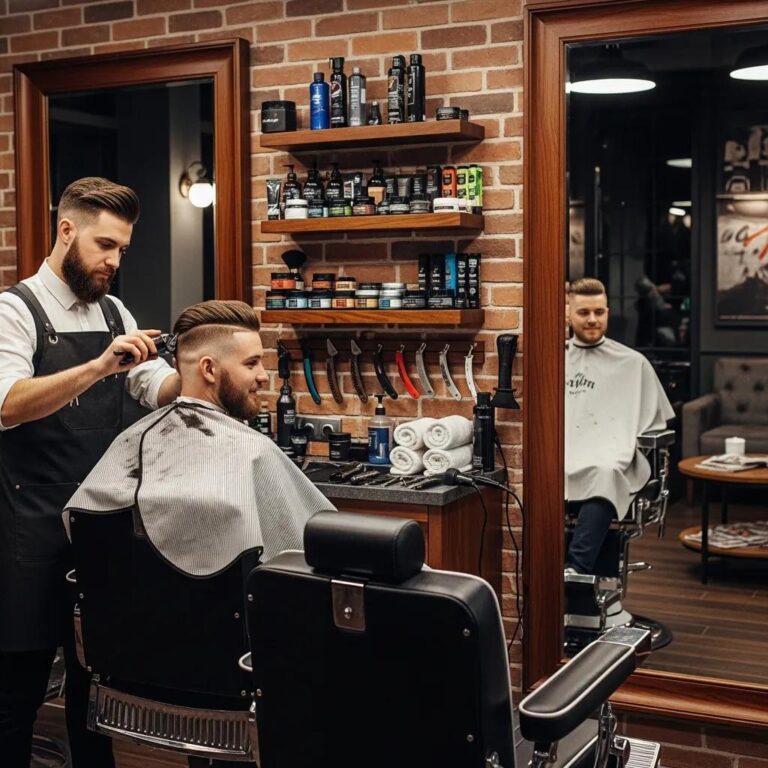 Barber cutting a man's hair in a modern barbershop, emphasizing grooming and style