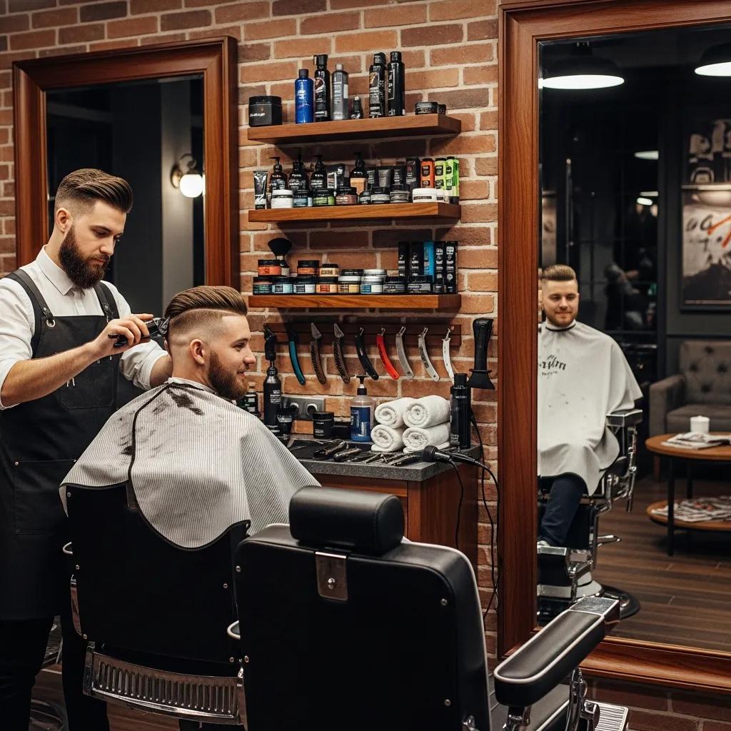 Barber cutting a man's hair in a modern barbershop, emphasizing grooming and style