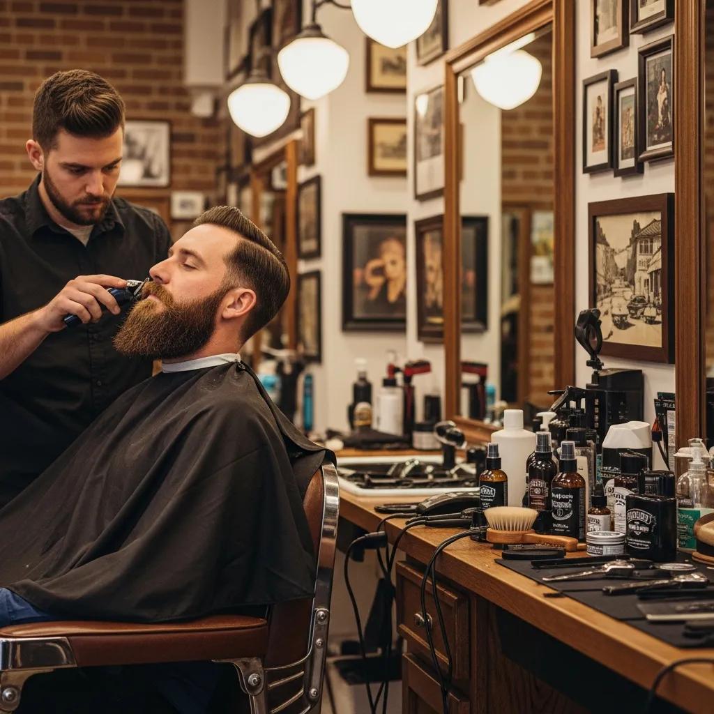Barber grooming a man's beard in a Portland barber shop, showcasing popular beard grooming techniques