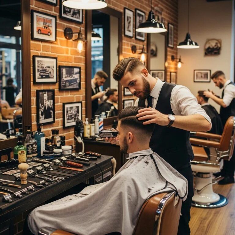 Barber performing a fade haircut in a modern barbershop, highlighting men's grooming trends
