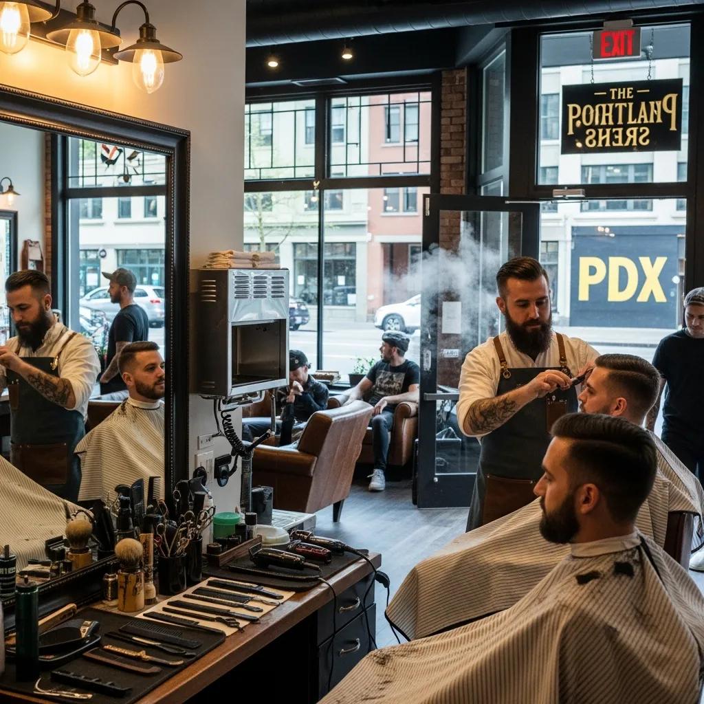 Barber shop scene in Portland with barber cutting hair, reflecting tipping etiquette