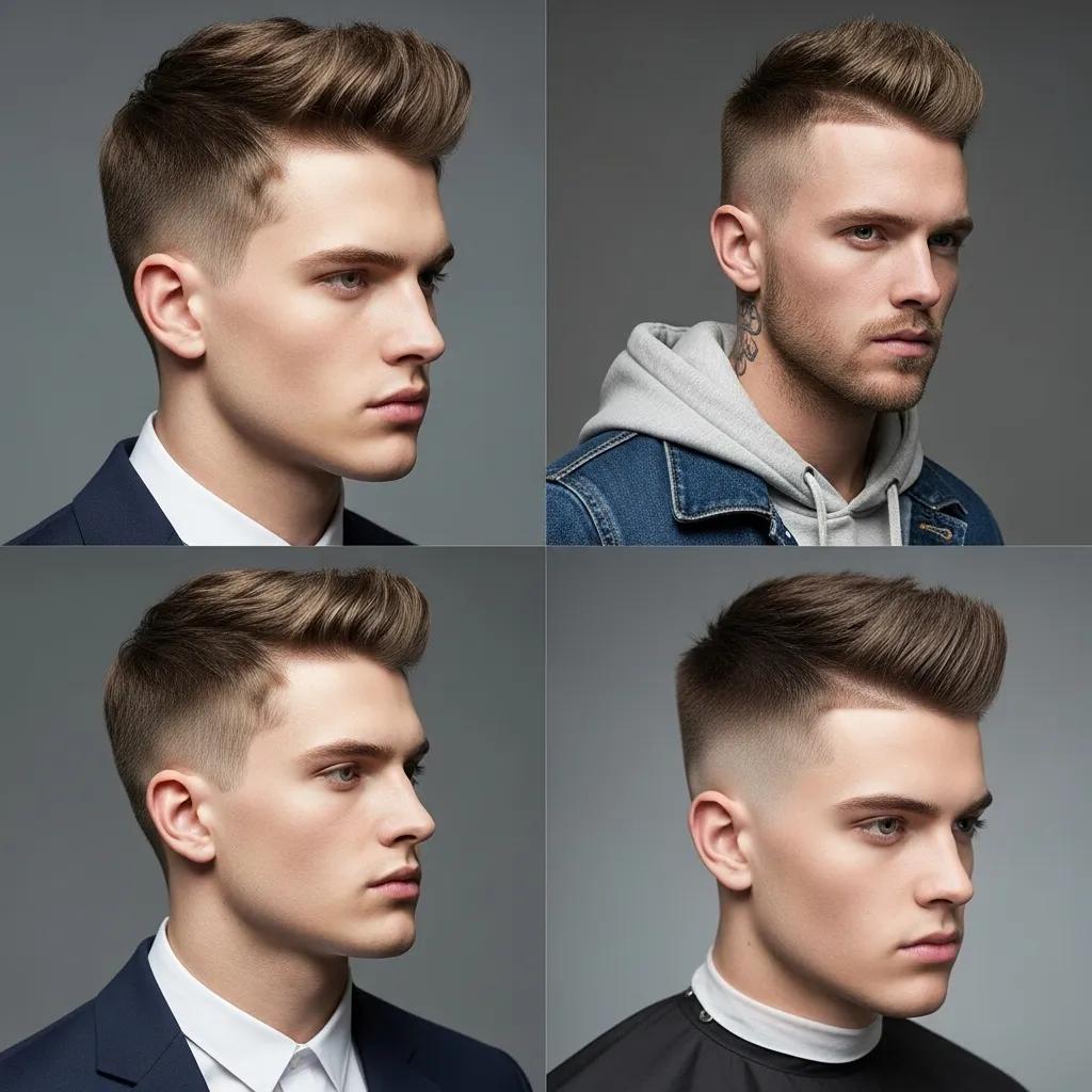 Collage of low, mid, and high fade haircut styles on different models, illustrating variations in men's grooming