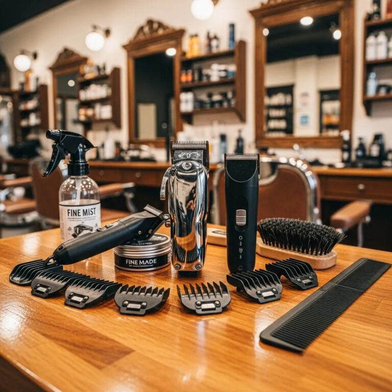 Essential grooming tools for fade haircuts including clippers, trimmers, and a comb, set in a barbershop environment