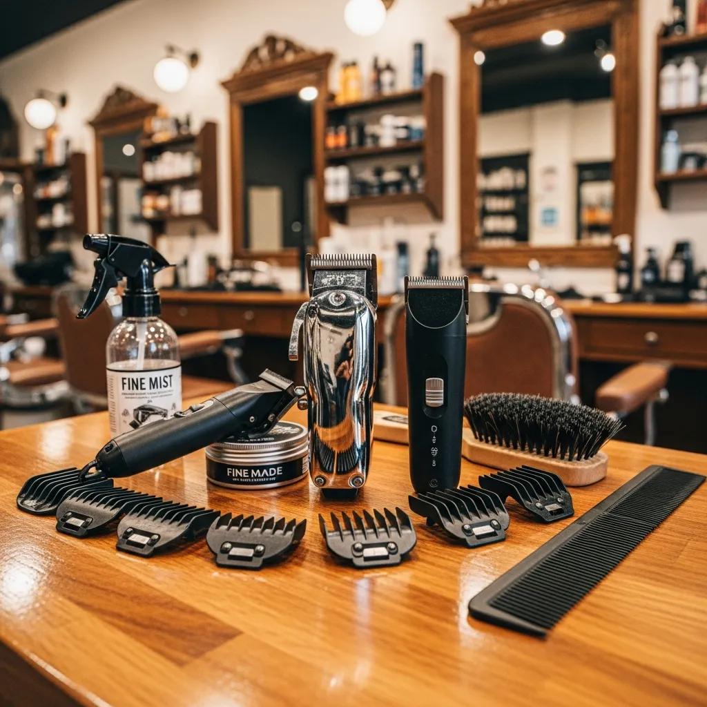 Essential grooming tools for fade haircuts including clippers, trimmers, and a comb, set in a barbershop environment