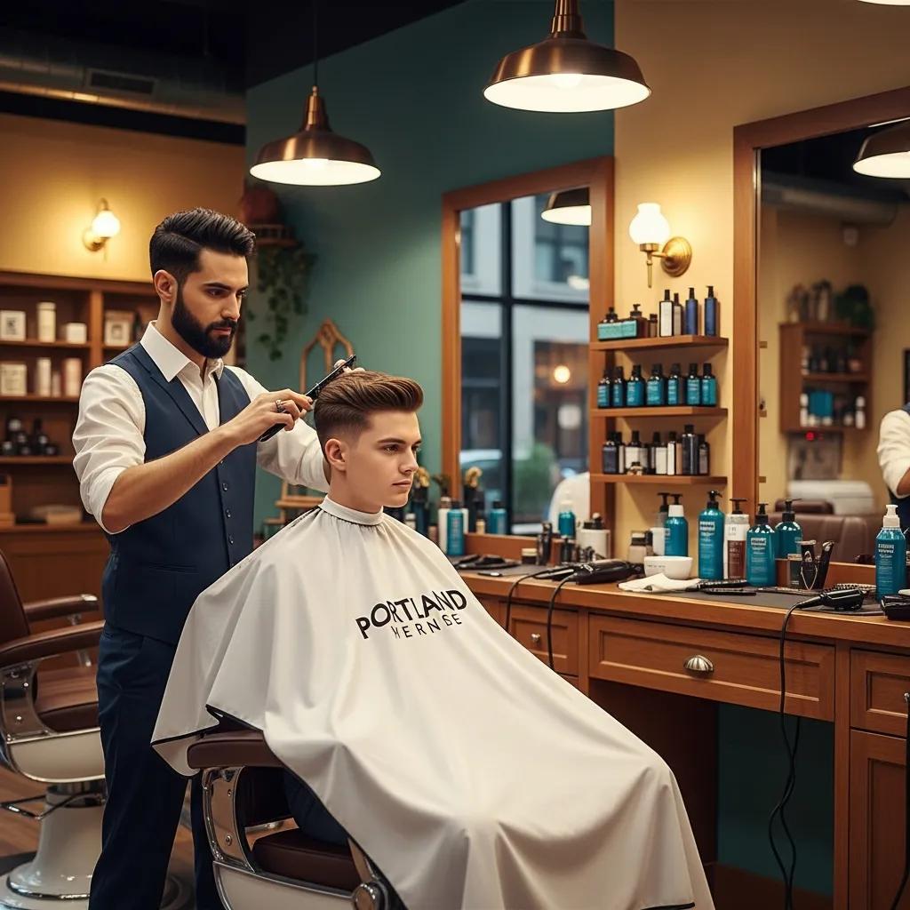 Modern barber shop in Portland with a barber styling a man's hair, reflecting contemporary grooming trends